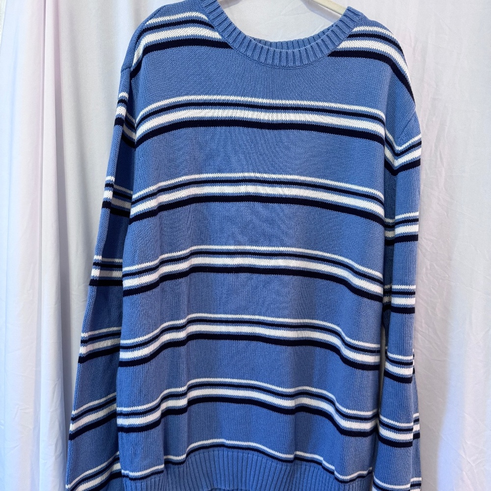 St. John’s Bay Men’s XL Cotton Crew Neck Sweater Light Blue Navy Stripes